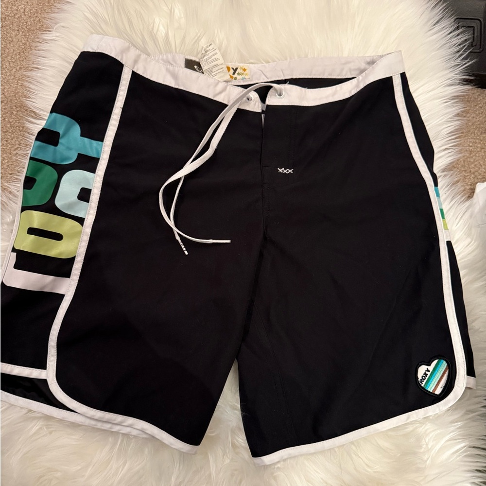 Junior girls Black Swim Trunks with Teal Accent